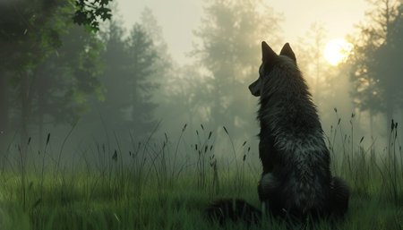 3d render of a wolf in a foggy forest at sunsetの素材