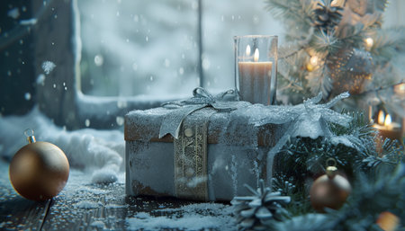 Christmas decoration with candle and gift box on wooden windowsill, winter backgroundの素材