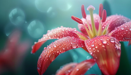Beautiful lily flower with drops of dew on the petalsの素材