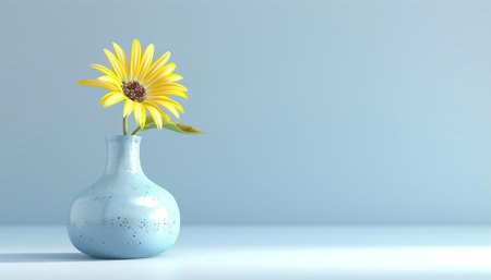 Yellow flower in blue vase on blue background. 3D renderingの素材