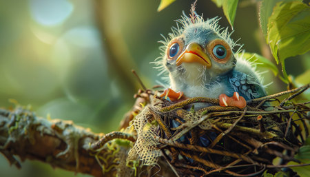 Baby bird in nest on nature background. Baby bird in nest.の素材