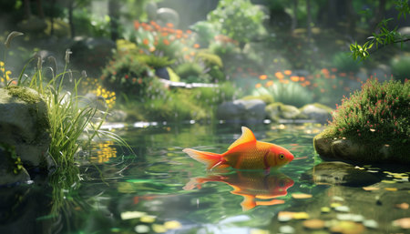 Goldfish swimming in the pond in the garden,3d renderの素材