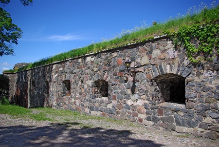 Wall of fortress Suomenlinna (Sveaborg) on island in Baltic sea, near Helsinki, Finlandの写真素材