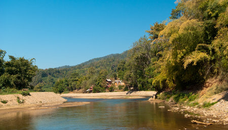 Panoramic view on the river in northern Thailandの写真素材