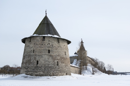 Towers and old city wall of Pskov Kremlin, Russia