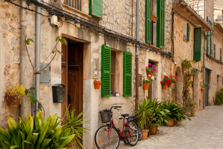 Street of mountain village Valldemossa, Mallorca, Spainのeditorial素材