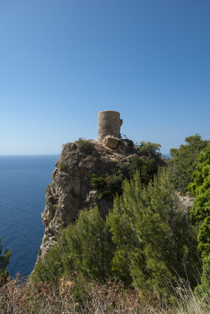 Watchtower on the coast of Mediterranean sea, Mallorca, Spainの写真素材