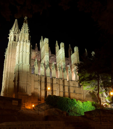 Cathedral La Seu in the night, Palma de Mallorca, Spainのeditorial素材