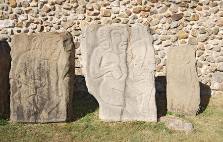 Bas-reliefes depicting the figure of a soldier in the ancient Zapotec city of Monte Alban, Mexicoの写真素材