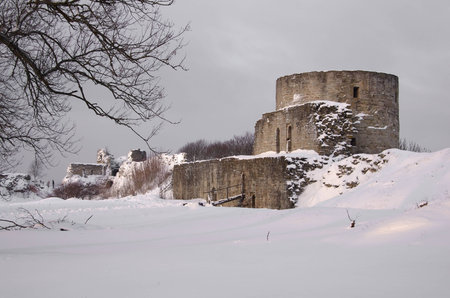 Ruins of Koporie fortress in the winter, near Saint-Petersburg, Russiaのeditorial素材