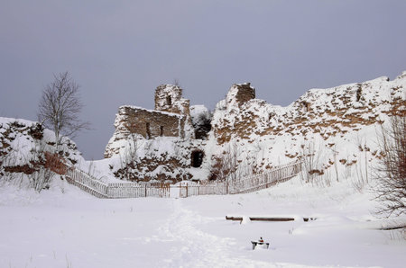Ruins of Koporie fortress in the winter, near Saint-Petersburg, Russiaのeditorial素材