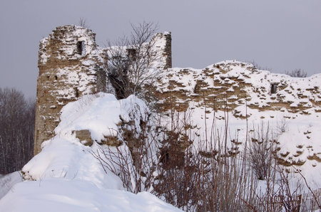 Ruins of Koporie fortress in the winter, near Saint-Petersburg, Russiaのeditorial素材
