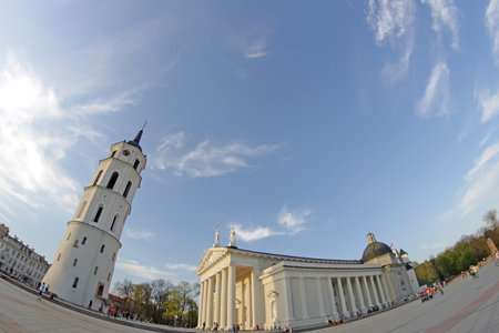 VILNIUS, LITHUANIA - APRIL 28: Cathedral square on April 28, 2012 LITHUANIA. Granite Cathedral  domain square area in the center of the old Vilnius city in Lithuaniaのeditorial素材