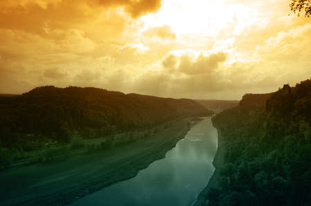 View from the Bastei on the river Elbe, Saxon Switzerland, Germanyの写真素材