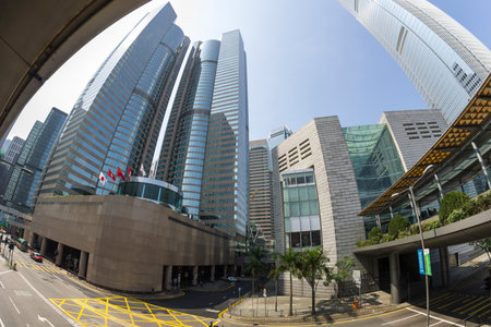 HONG KONG - FEBRUARY 23: Fisheye view on skyscrapers on February 23, 2013 in Hong Kong. Hong Kong is...