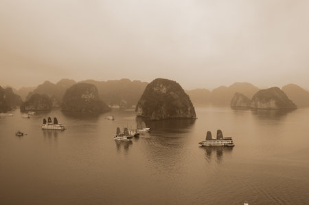 HALONG - FEBRUARY 28: Cruise boats in Halong Bay on February 28, 2013 HALONG, VIETNAM. Halong Bay is a UNESCO World Heritage Site and it is one of the prime travel destinations in Vietnamのeditorial素材