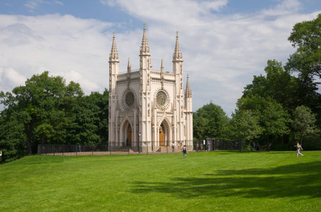 Gothic chapel (Saint Alexander Nevsky Orthodox church) in Alexandria park, Peterhof, Saint- Petersburg, Russiaのeditorial素材