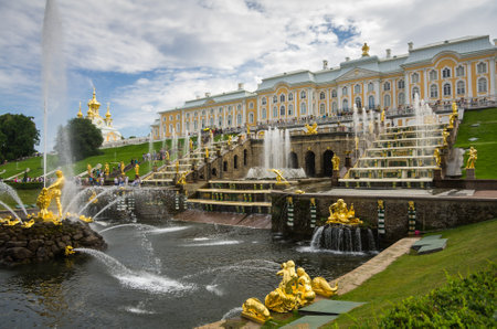 PETERHOF- JULY 07: Samson fountain of the Grand Cascade on July 07, 2013, Saint-Petersburg, Russia. The park ensemble of Peterhof belongs to the world heritage of UNESCOのeditorial素材