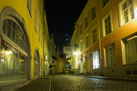 TALLINN - SEPTEMBER 11: Beautiful medieval buildings of Old Town in the night on September 11, 2013, TALLINN, ESTONIA. Old Town is listed in the UNESCO World Heritage Listのeditorial素材