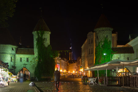 TALLINN - SEPTEMBER 11: Beautiful medieval buildings of Old Town in the night on September 11, 2013, TALLINN, ESTONIA. Old Town is listed in the UNESCO World Heritage Listのeditorial素材