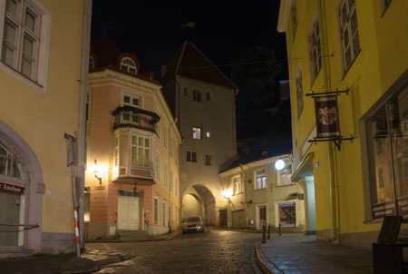 TALLINN - SEPTEMBER 11: Beautiful medieval buildings of Old Town in the night on September 11, 2013, TALLINN, ESTONIA. Old Town is listed in the UNESCO World Heritage Listのeditorial素材