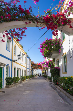 PUERTO DE MOGAN, GRAN CANARIA, CANARY ISLANDS - JANUARY 04, 2014: Pedestrian alley in the harbor area of Puerto de Mogan, a small fishing port and resort on Gran Canaria Island, Spainのeditorial素材