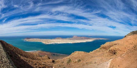 View of Graciosa Island from Mirador del Rio, Lanzarote Island, Canary Islands, Spainの写真素材