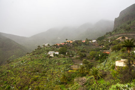 View on Masca village in the rainy day on Tenerife, Canary Islands, Spainの写真素材