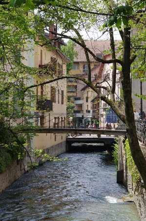 ANNECY, FRANCE - 29 APRIL, 2015: View of the canal in city centre of Annecy, capital of Haute Savoie province in France. Annecy is known to be called the French Veniceのeditorial素材