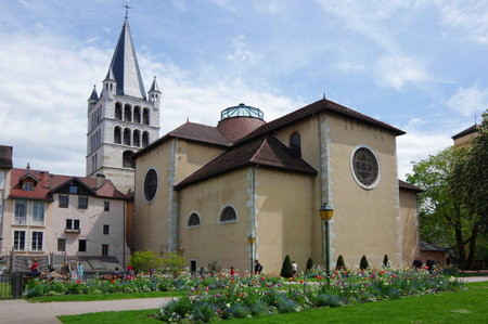 ANNECY, FRANCE - 29 APRIL, 2015: View of the cathedral in city centre of Annecy, capital of Haute Savoie province in France. Annecy is known to be called the French Veniceのeditorial素材