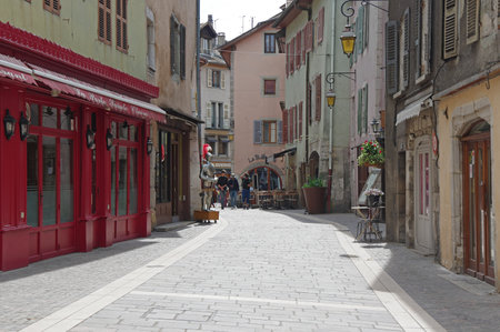 ANNECY, FRANCE - 29 APRIL, 2015: View of the street in city centre of Annecy, capital of Haute Savoie province in France. Annecy is known to be called the French Veniceのeditorial素材