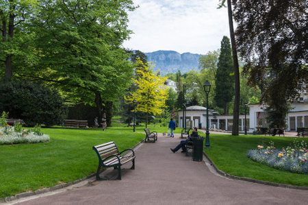 AIX-LES-BAINS, FRANCE - 30 APRIL, 2015: Park of french resort Aix-Les-Bains, one of the important French spa towns that has the largest fresh water marina in Franceのeditorial素材