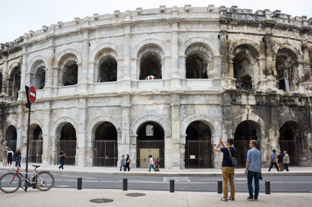 NIMES, FRANCE - MAY 04, 2015: Ancient Roman Theater (Arena) of Nimes. Nimes is a famous and very popular among tourists city in Provence in south of Franceのeditorial素材
