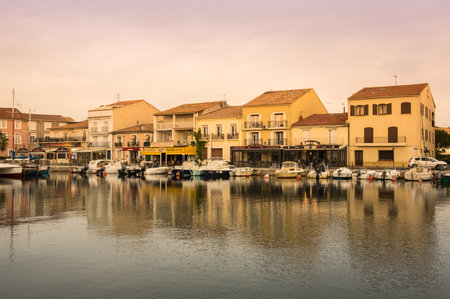 MEZE, FRANCE - MAY 04, 2015: Sunset over Meze harbour on the Mediterranean coast, province Languedoc, Franceのeditorial素材