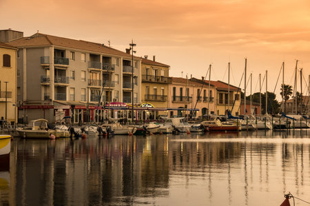 MEZE, FRANCE - MAY 04, 2015: Sunset over Meze harbour on the Mediterranean coast, province Languedoc, Franceのeditorial素材