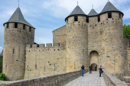 CARCASSONNE, FRANCE - MAY 05, 2015: Medieval gate to old castle of Carcassonne, Languedoc - Roussillon, Franceのeditorial素材