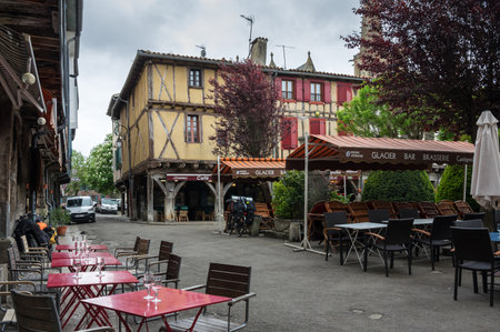 MIREPOIX, FRANCE -  05 MAY, 2015: Old framework houses at main square of medieval village Mirepoix in southern Franceのeditorial素材