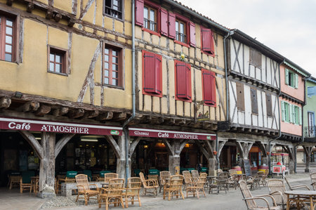 MIREPOIX, FRANCE -  MAY 05, 2015: Old framework houses at main square of medieval village Mirepoix in southern Franceのeditorial素材