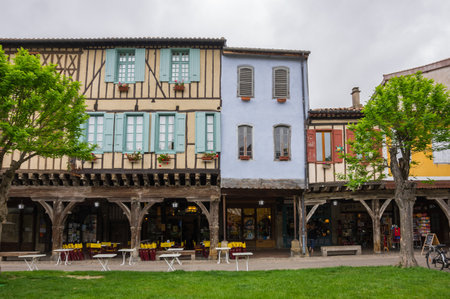MIREPOIX, FRANCE -  MAY 05, 2015: Old framework houses at main square of medieval village Mirepoix in southern Franceのeditorial素材
