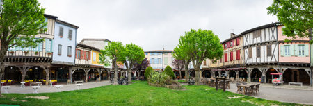 MIREPOIX, FRANCE -  MAY 05, 2015: Old framework houses at main square of medieval village Mirepoix in southern Franceのeditorial素材