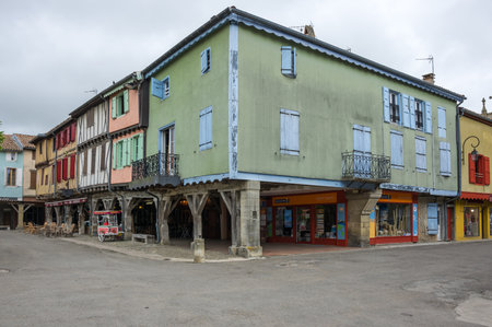 MIREPOIX, FRANCE -  MAY 05, 2015: Old framework houses at main square of medieval village Mirepoix in southern Franceのeditorial素材