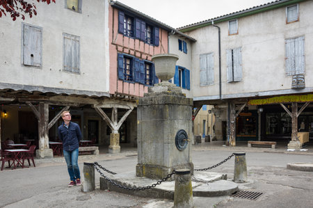 MIREPOIX, FRANCE -  MAY 05, 2015: Old stone houses at main square of medieval village Mirepoix in southern Franceのeditorial素材