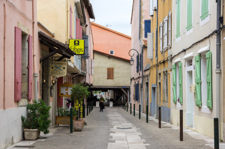 MIREPOIX, FRANCE -  MAY 05, 2015: Old stone houses in historical center of medieval village Mirepoix in southern Franceのeditorial素材