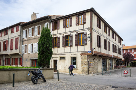 MIREPOIX, FRANCE -  MAY 05, 2015: Old framework houses at main square of medieval village Mirepoix in southern Franceのeditorial素材