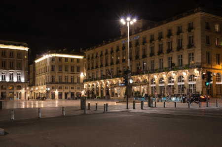 BORDEAUX, FRANCE - MAY 06, 2015: Grand Hotel de Bordeaux on Place de la Comediein historical center of Bordeaux in the night, Franceのeditorial素材