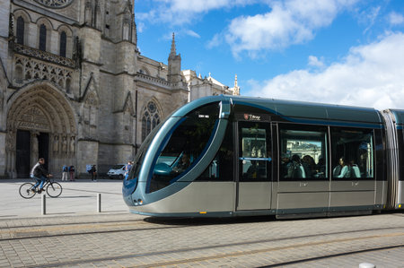BORDEAUX, FRANCE - MAY 06, 2015: Modern tram in Bordeaux. Bordeaux is a port city on the Garonne river in southwestern Franceのeditorial素材