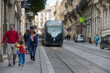 BORDEAUX, FRANCE - MAY 06, 2015: Modern tram in Bordeaux. Bordeaux is a port city on the Garonne river in southwestern Franceのeditorial素材