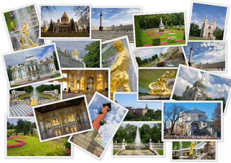 Sights of Saint-Petersburg in collage with several shots on white backgroundのeditorial素材
