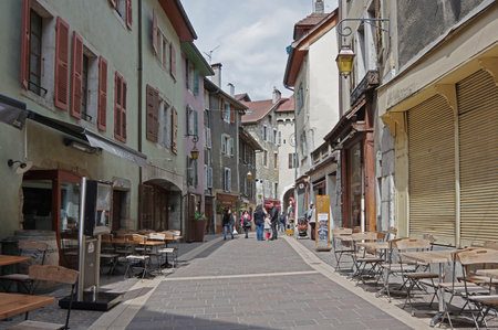 ANNECY, FRANCE - 29 APRIL, 2015: View of the street in city centre of Annecy, capital of Haute Savoie province in France. Annecy is known to be called the French Veniceのeditorial素材