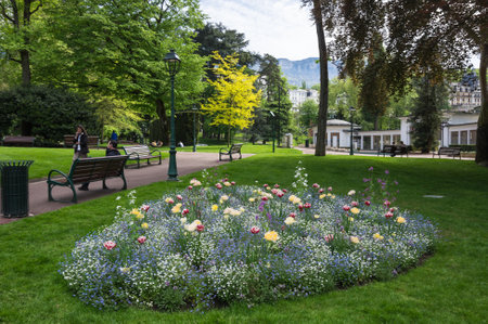 AIX-LES-BAINS, FRANCE - 30 APRIL, 2015: Park of french resort Aix-Les-Bains, one of the important French spa towns that has the largest fresh water marina in Franceのeditorial素材